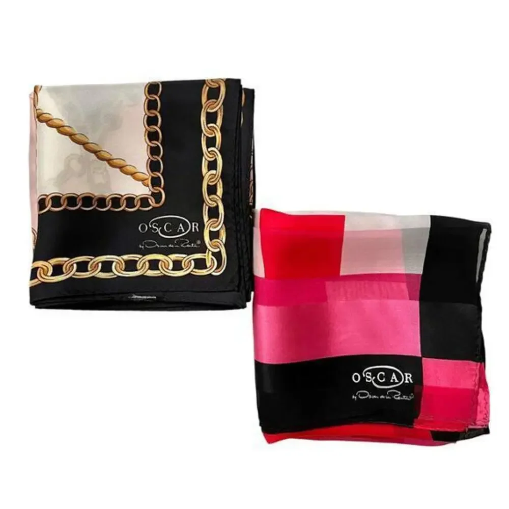 Oscar by Oscar de la Renta Silk Scarf Set: Two Vintage Square Neckerchiefs